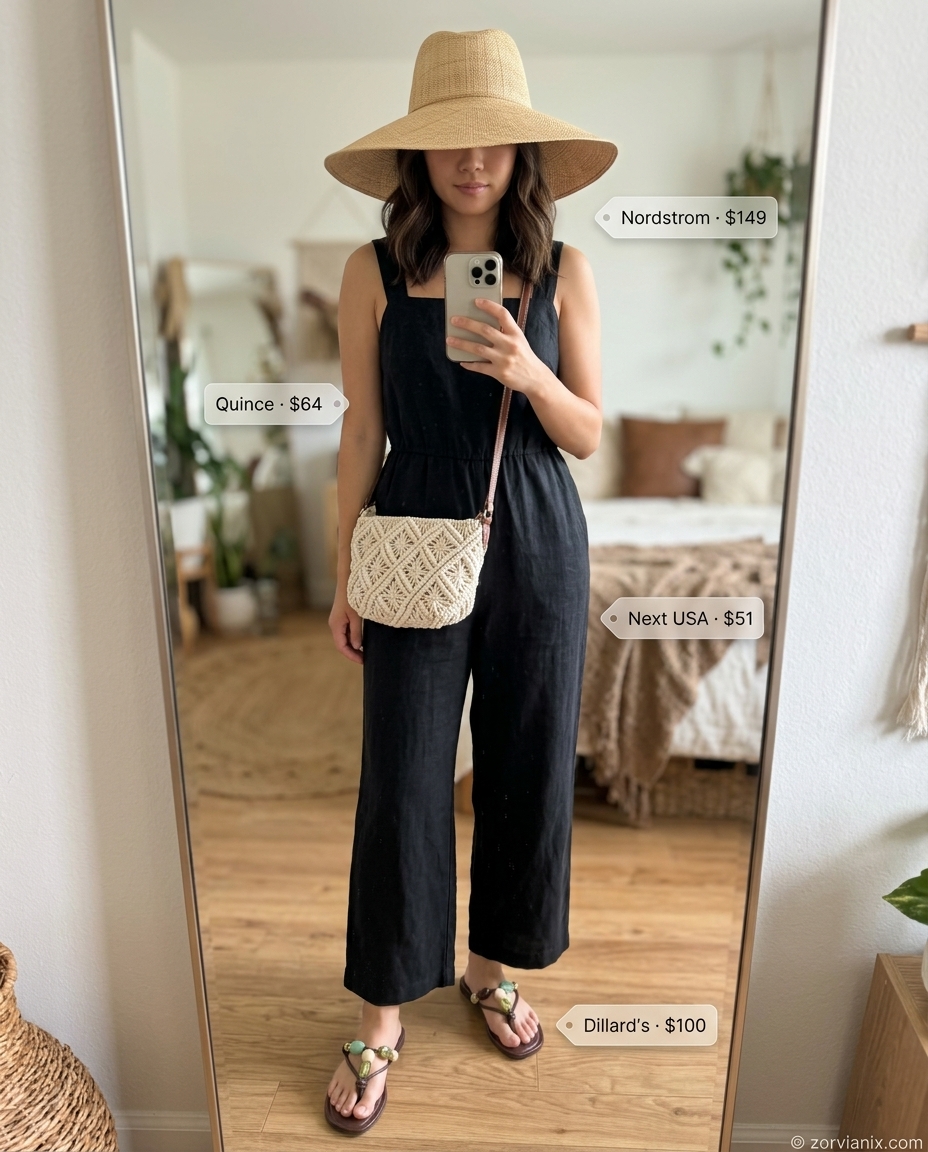 Terracotta boho maxi jumpsuit with embellished sandals, straw hat, and macrame bag. Summer jumpsuit outfits for women 2026.