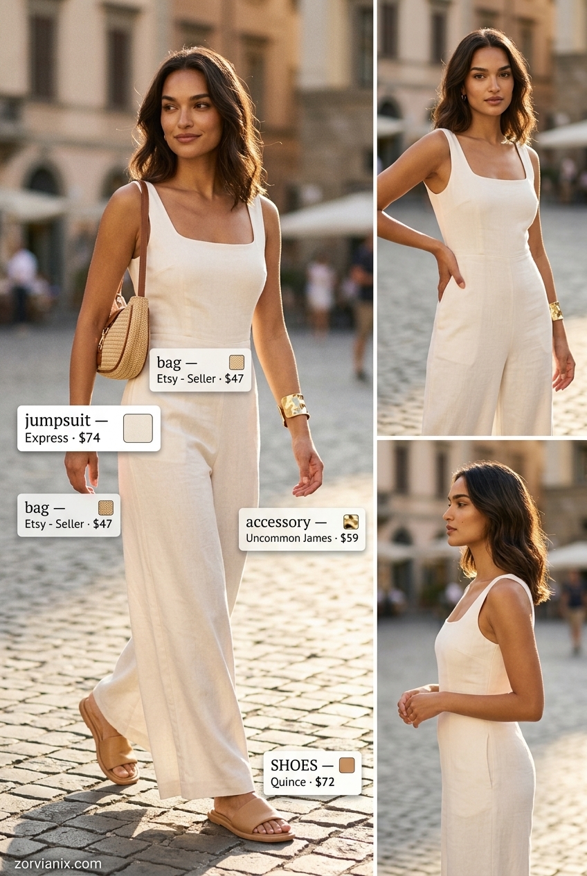 White linen jumpsuit with leather slides, straw bag, and gold cuff. Summer jumpsuit outfits for women 2026.