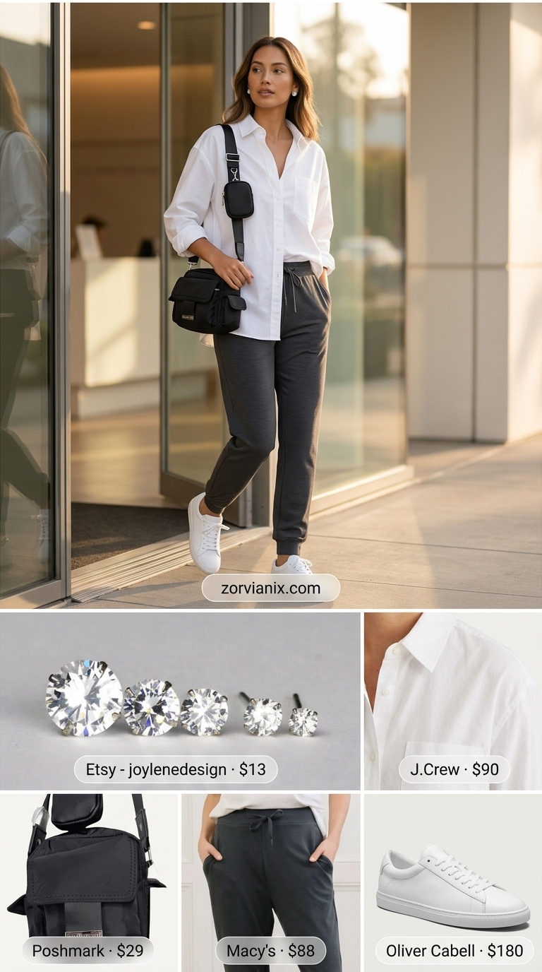 Charcoal grey linen joggers for women 2026 styled with an oversized white button-down and sneakers.