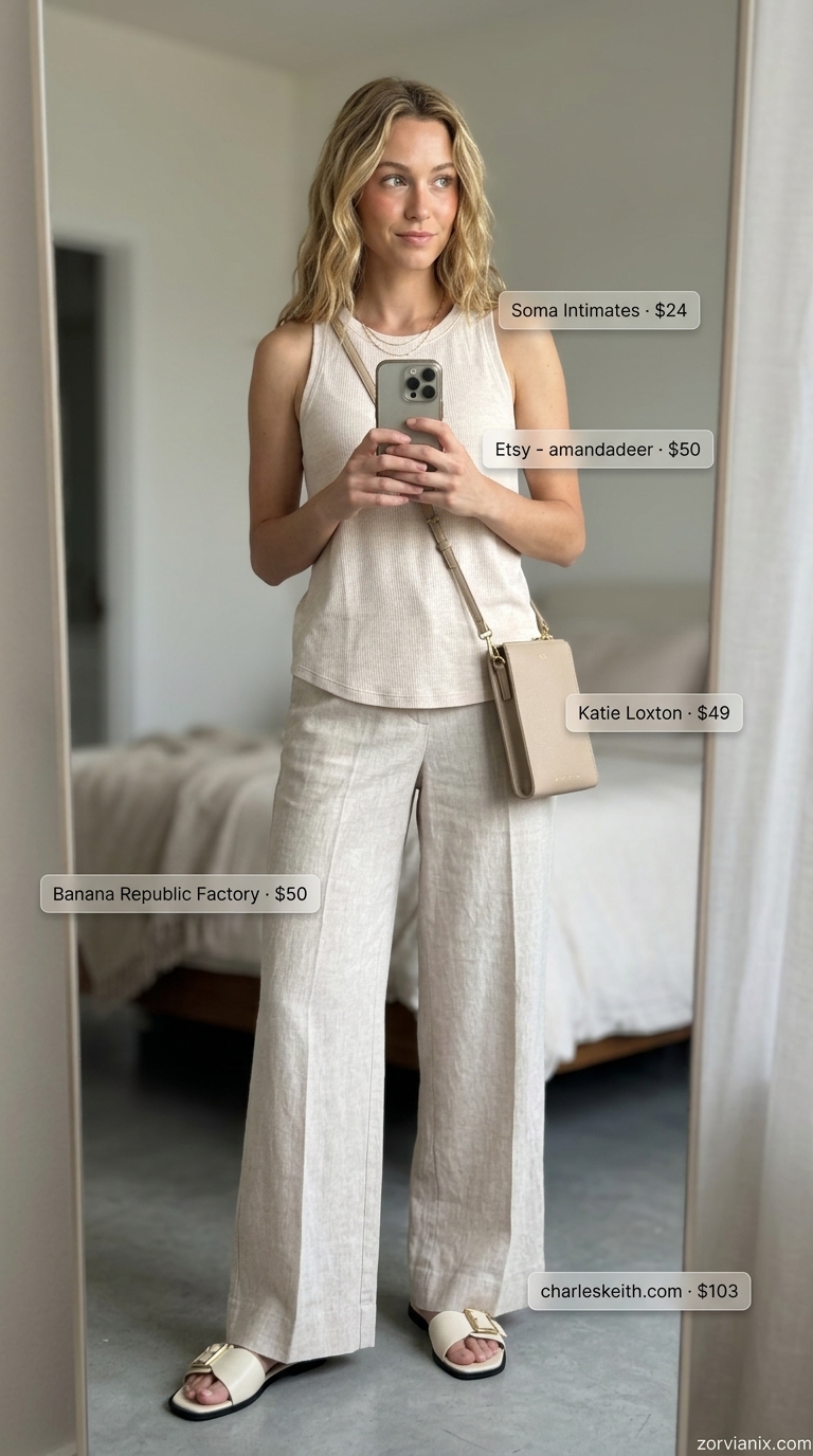 Effortless light beige linen pants with cream knit tank for coastal chic 2026.