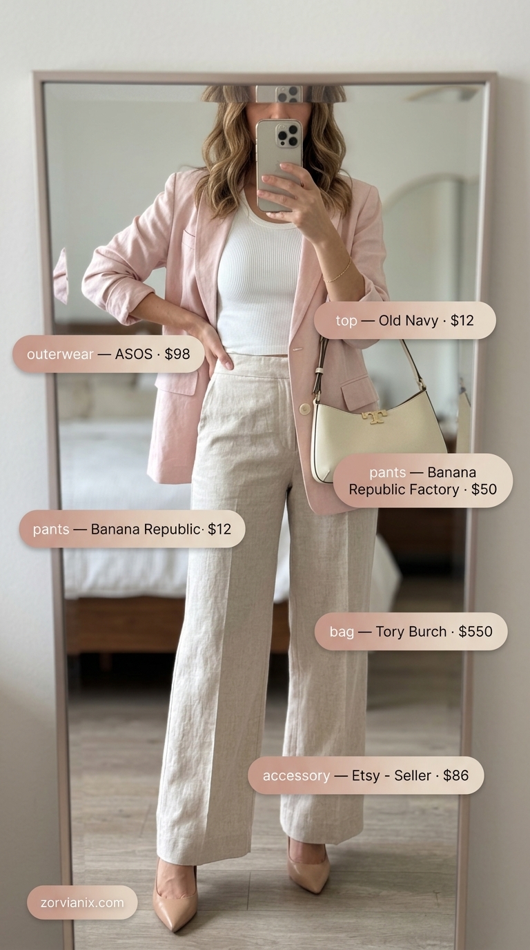 Sophisticated blush pink linen blazer with white knit top for smart casual 2026.