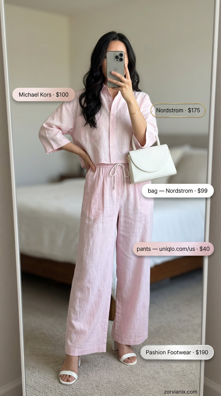 Monochromatic blush pink linen set with wide-leg pants and cropped shirt for brunch 2026.