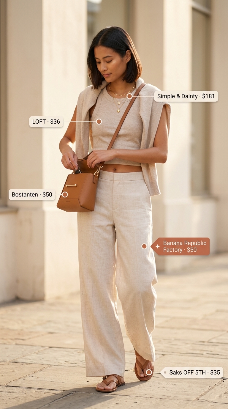Cream linen pants for women 2026 outfit: high-waisted wide-leg trousers with tan knit top and leather sandals.
