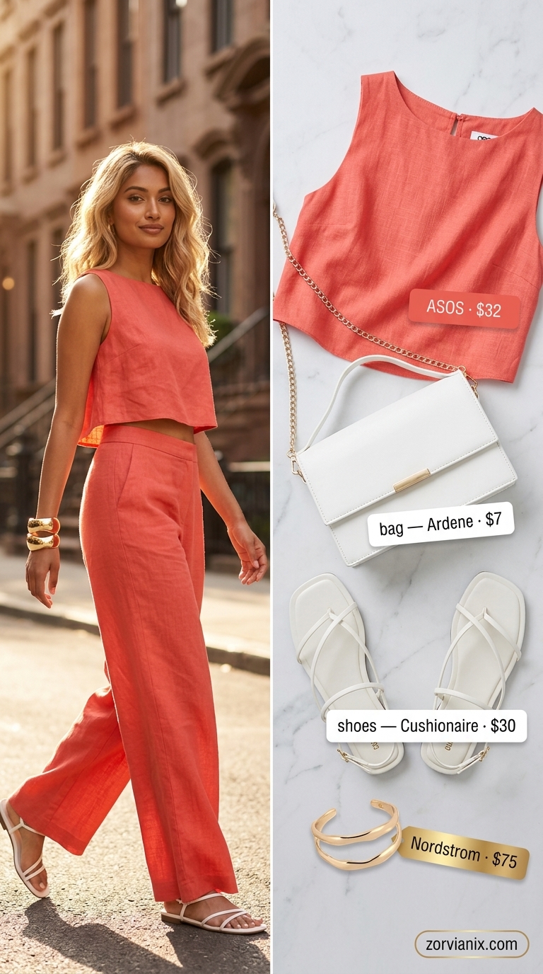 Vibrant coral linen pants and crop top co-ord set for summer 2026, perfect for parties.