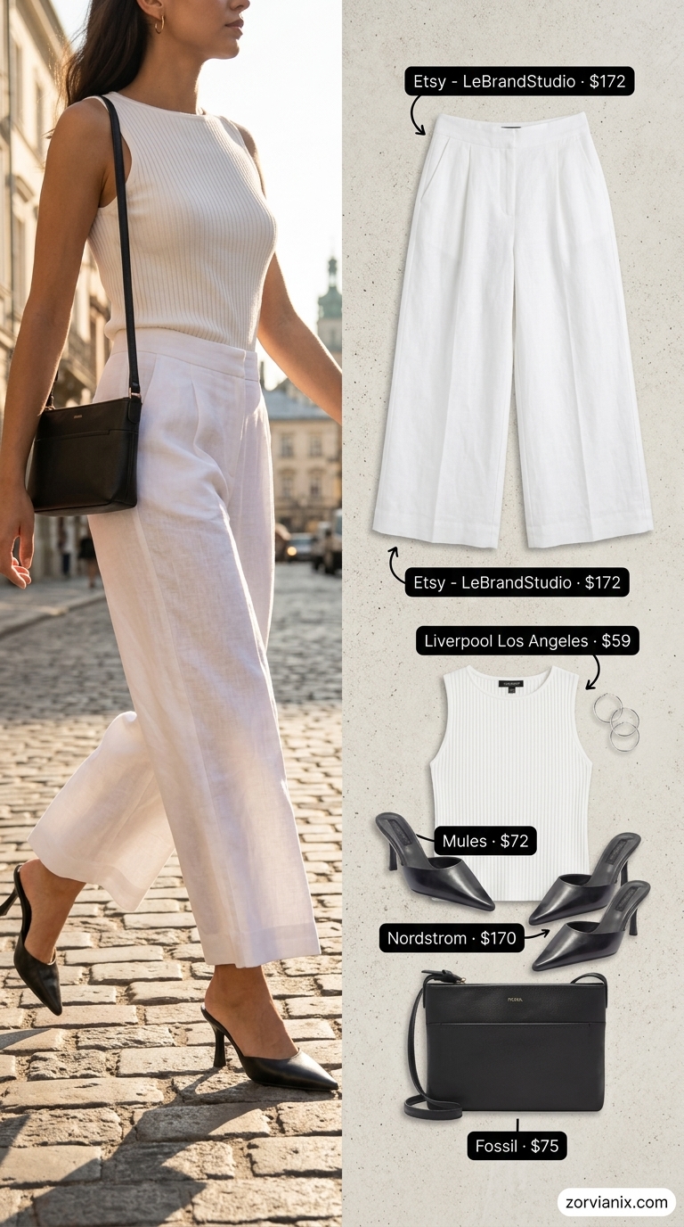 White linen culottes for women 2026 paired with a light grey knit top and black mules.