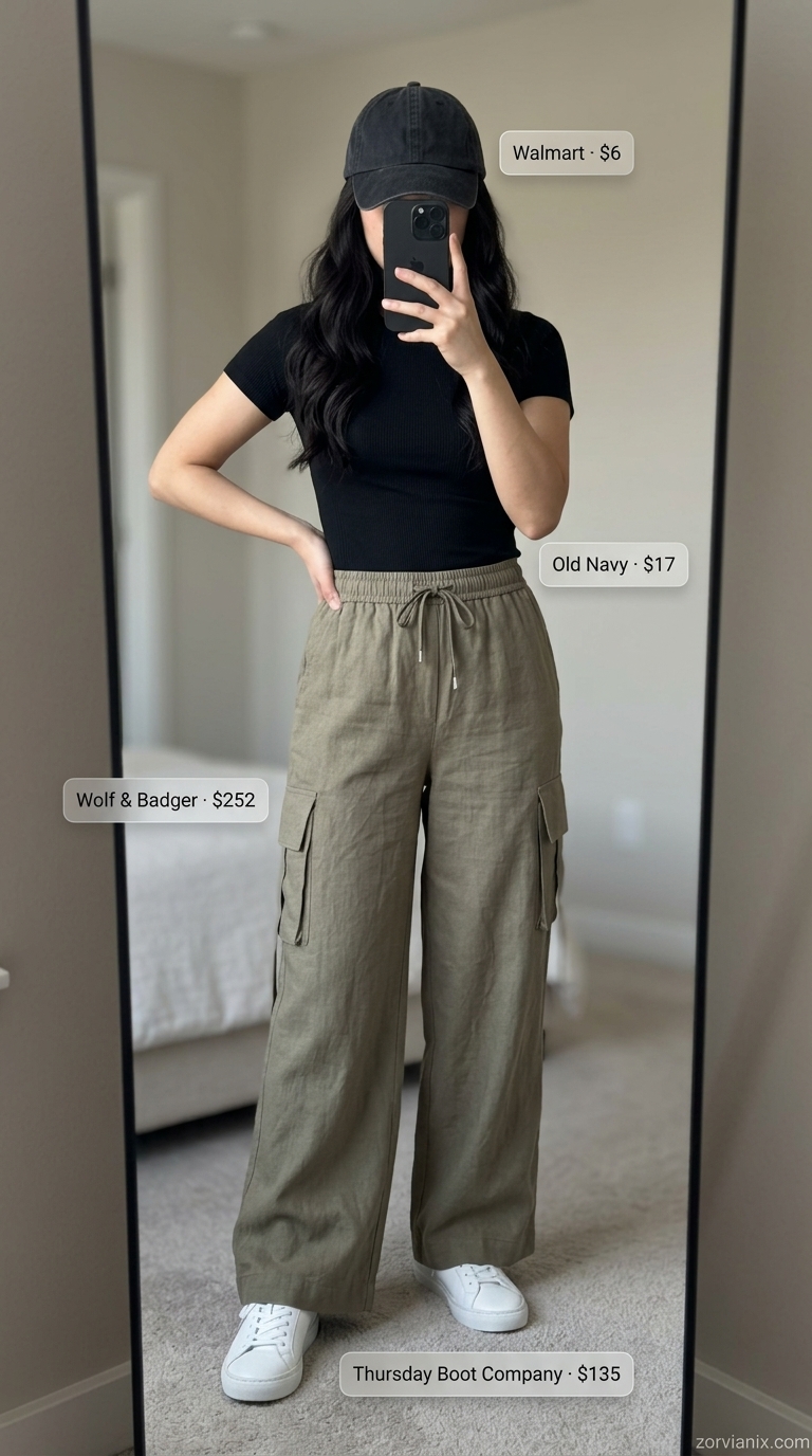 Edgy khaki green linen cargo pants for women 2026, styled for city exploration.