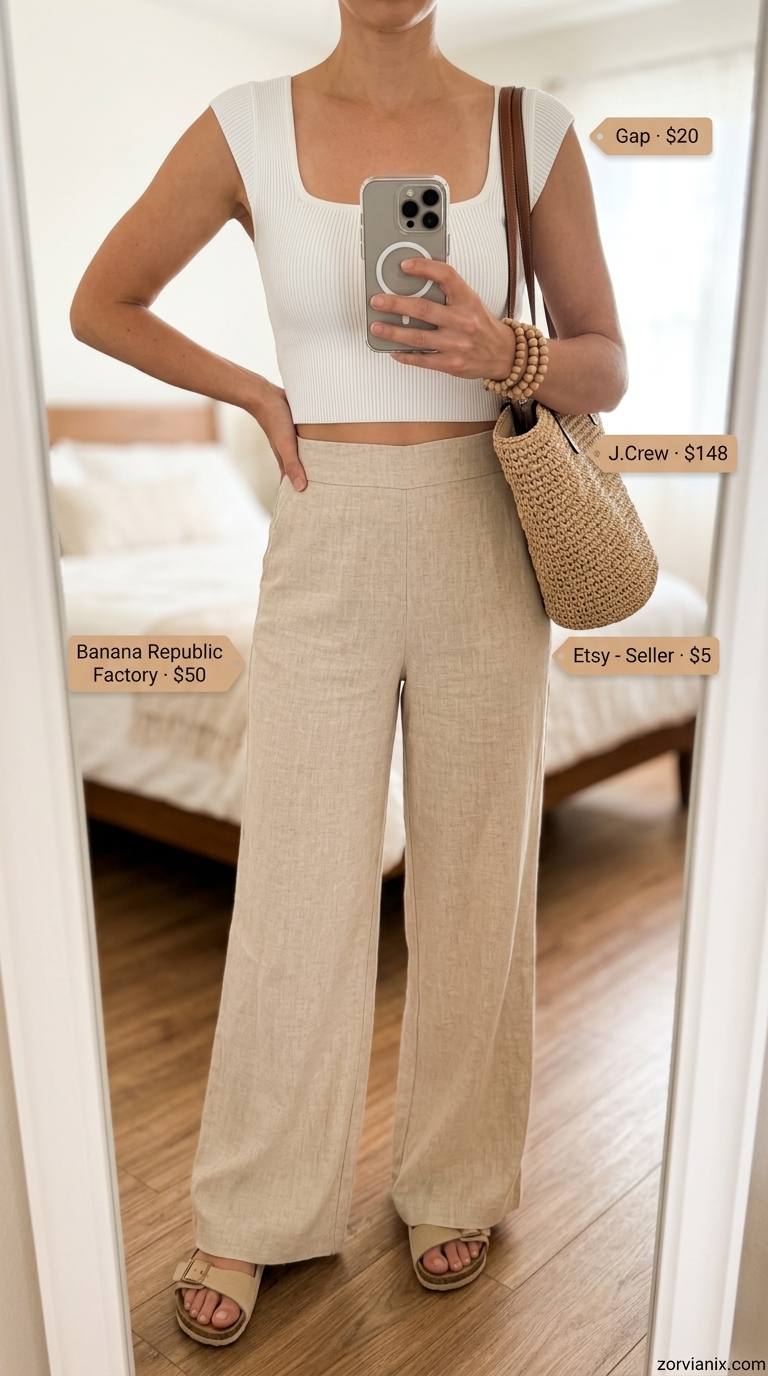 Bohemian natural linen pants for women 2026 with a white crop top and straw tote.