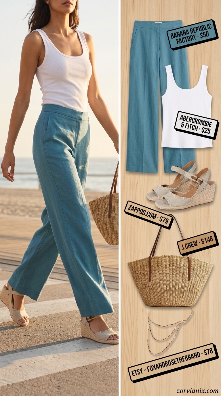 Coastal blue linen pants for women 2026, perfect for beach days and casual lunches.