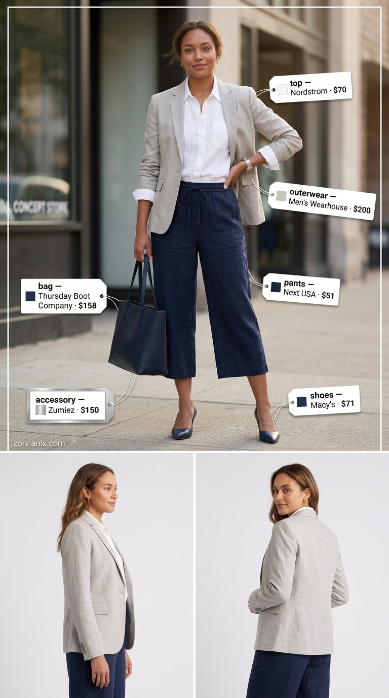 Chic navy linen culottes with white button-down and grey blazer for summer office wear 2026.