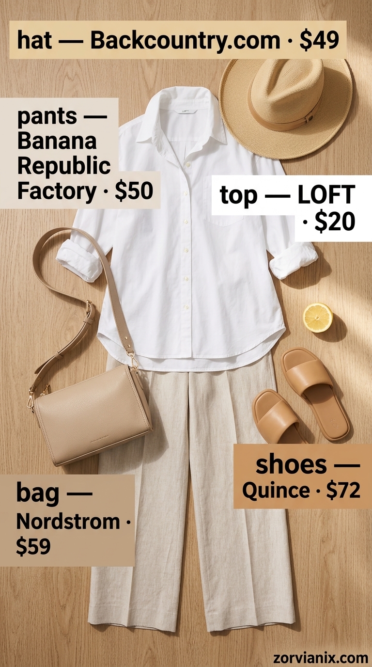 Effortless summer linen pants for women 2026 in olive green, paired with a white oversized shirt and straw hat.