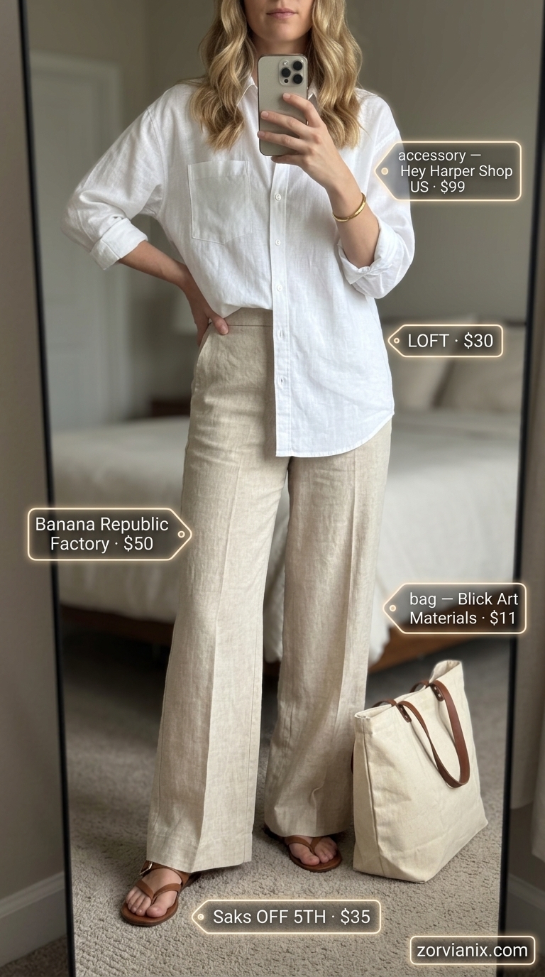 Relaxed olive green linen shorts with oversized white shirt for casual weekend 2026.