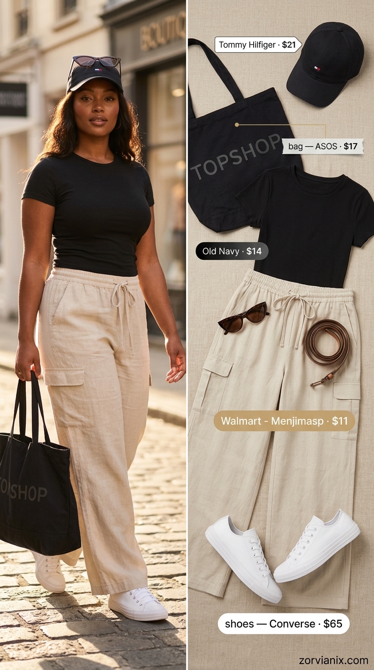 Trendy summer linen pants for women 2026 in sandy beige cargo style, with a black crop top and sneakers.