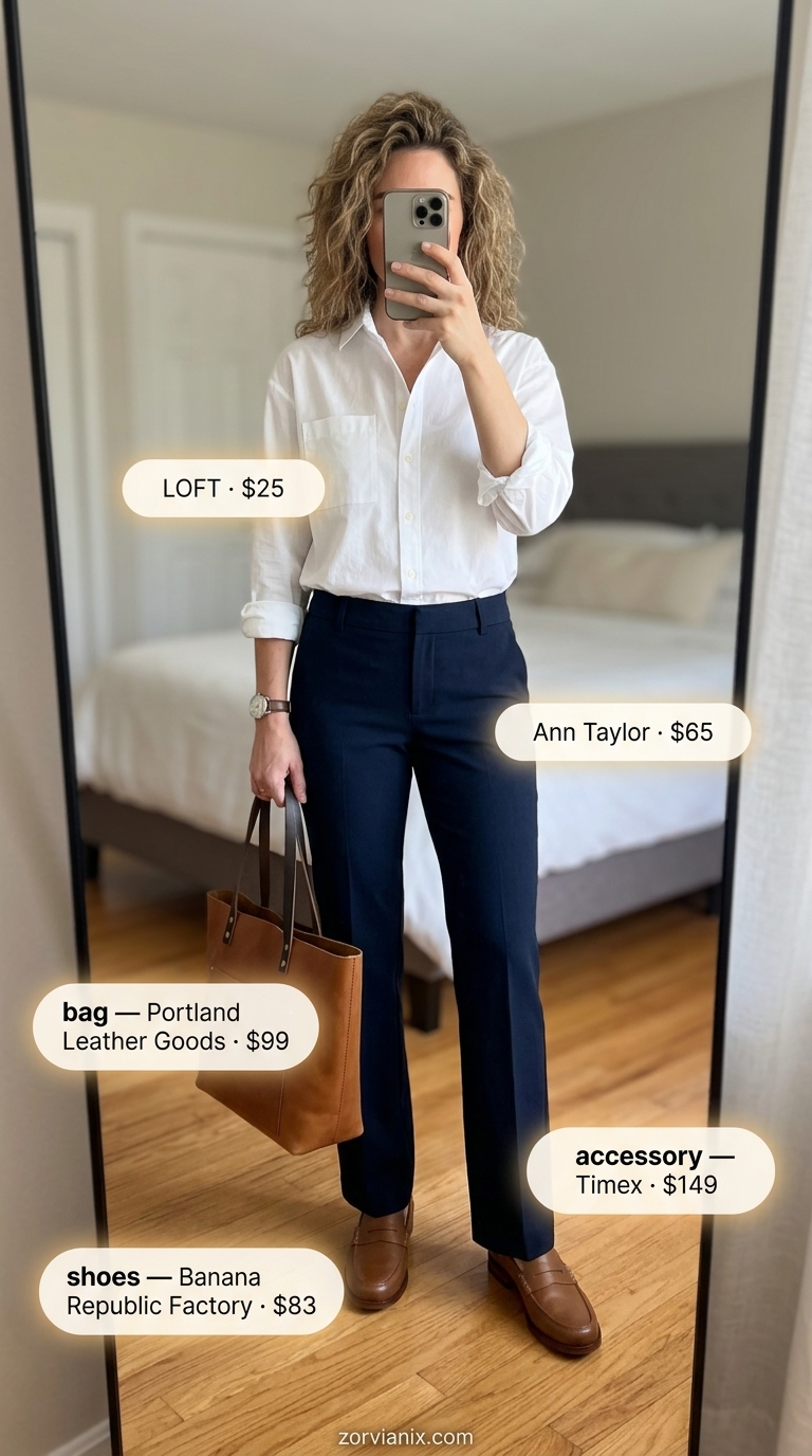 Navy blue linen trousers for women 2026 styled with a white button-down shirt, loafers, and tote bag.