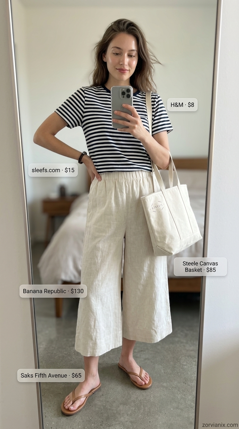 Natural linen culottes for women 2026 styled with a navy and white striped tee and flat sandals.