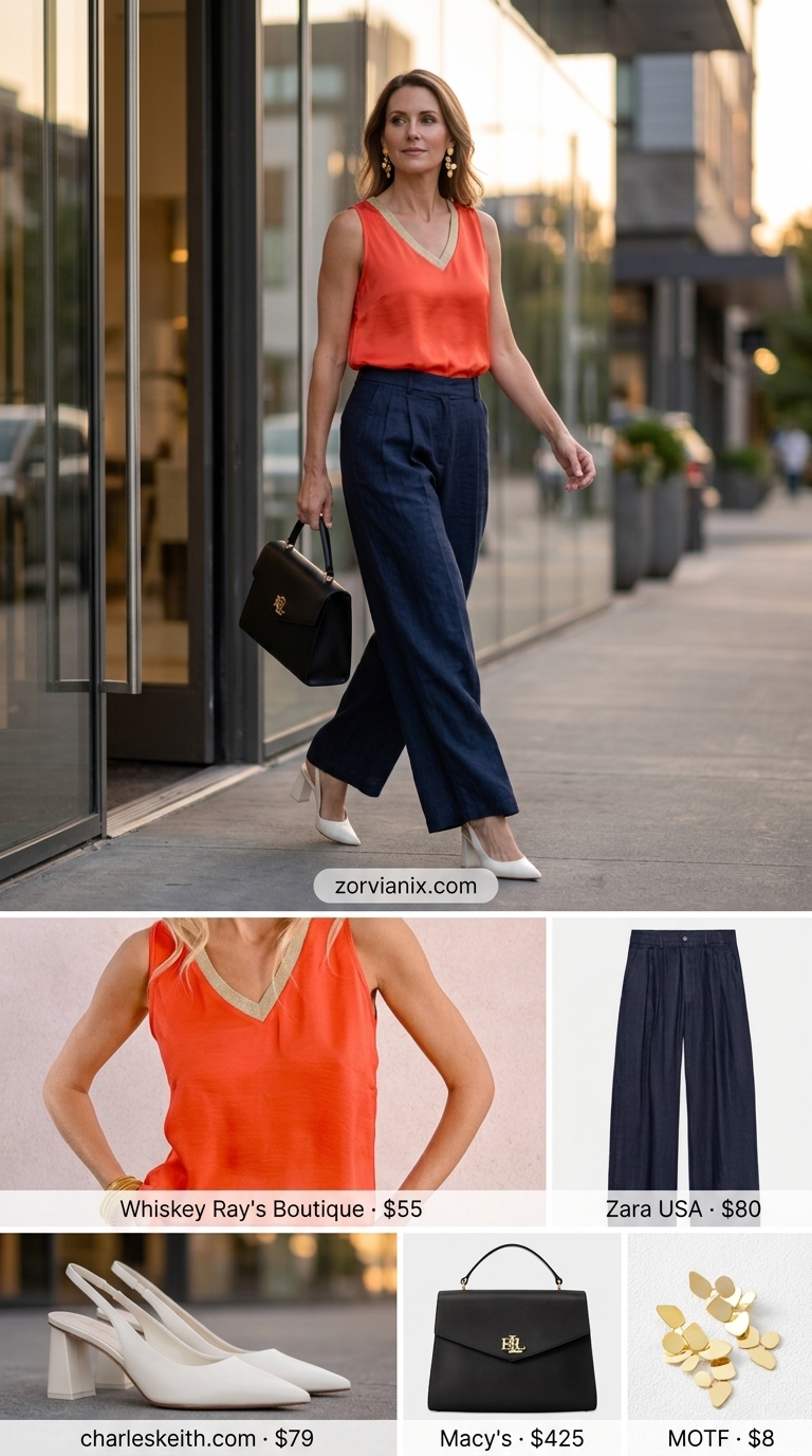 Navy blue linen trousers for women 2026 with a vibrant coral blouse, white pumps, and satchel bag.