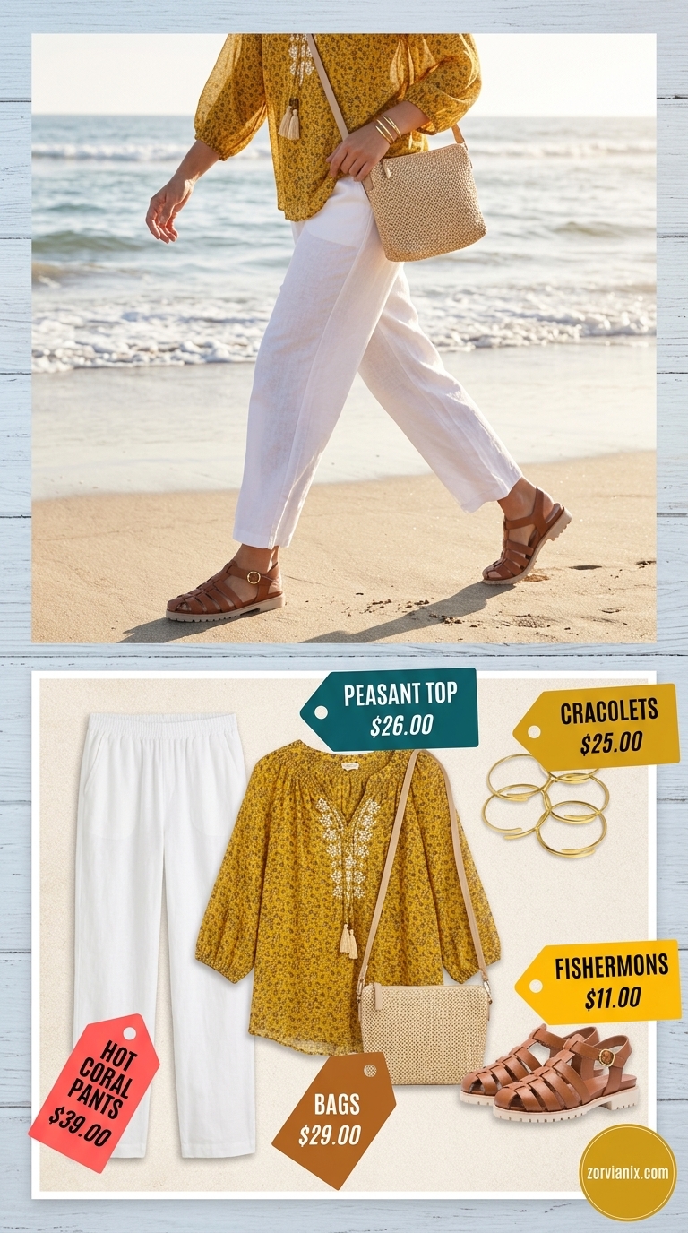 Casual white linen pants for women 2026 with a mustard yellow blouse and flat sandals.