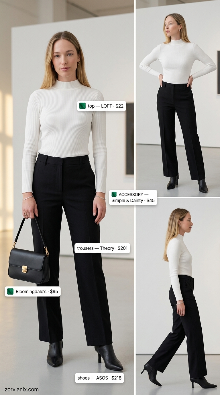 Black tailored trousers with white mock neck & ankle boots. Summer Low-waist trousers for women 2026 minimalist.
