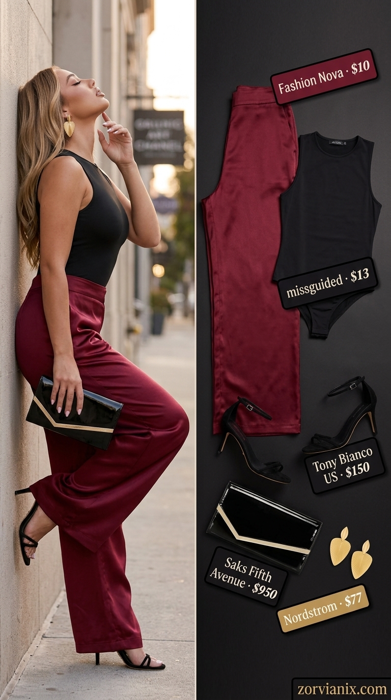 Elegant burgundy satin palazzo trousers with black bodysuit & gold accessories for summer low-waist trousers for women 2026.