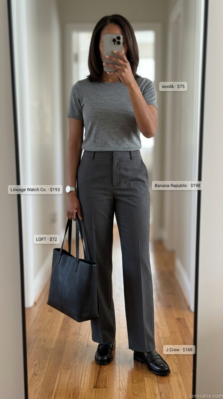 Charcoal grey tailored trousers with black top & loafers. Summer Low-waist trousers for women 2026 business casual.