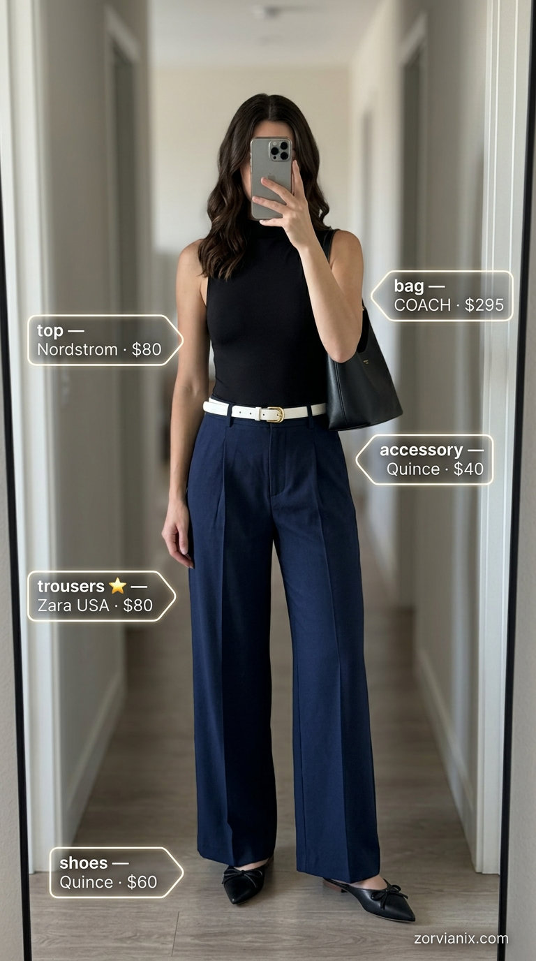 Navy high-waist wide-leg trousers with black bodysuit and white belt for summer low-waist trousers for women 2026 smart casual.