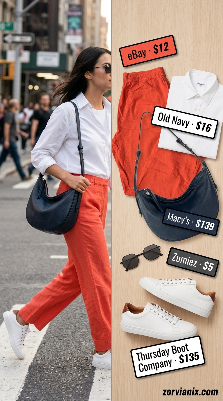 Coral tailored trousers with white button-down & sneakers for summer low-waist trousers for women 2026.