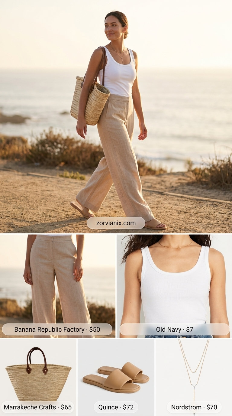 Cream linen trousers with navy tank & straw tote. Summer Low-waist trousers for women 2026 coastal chic.