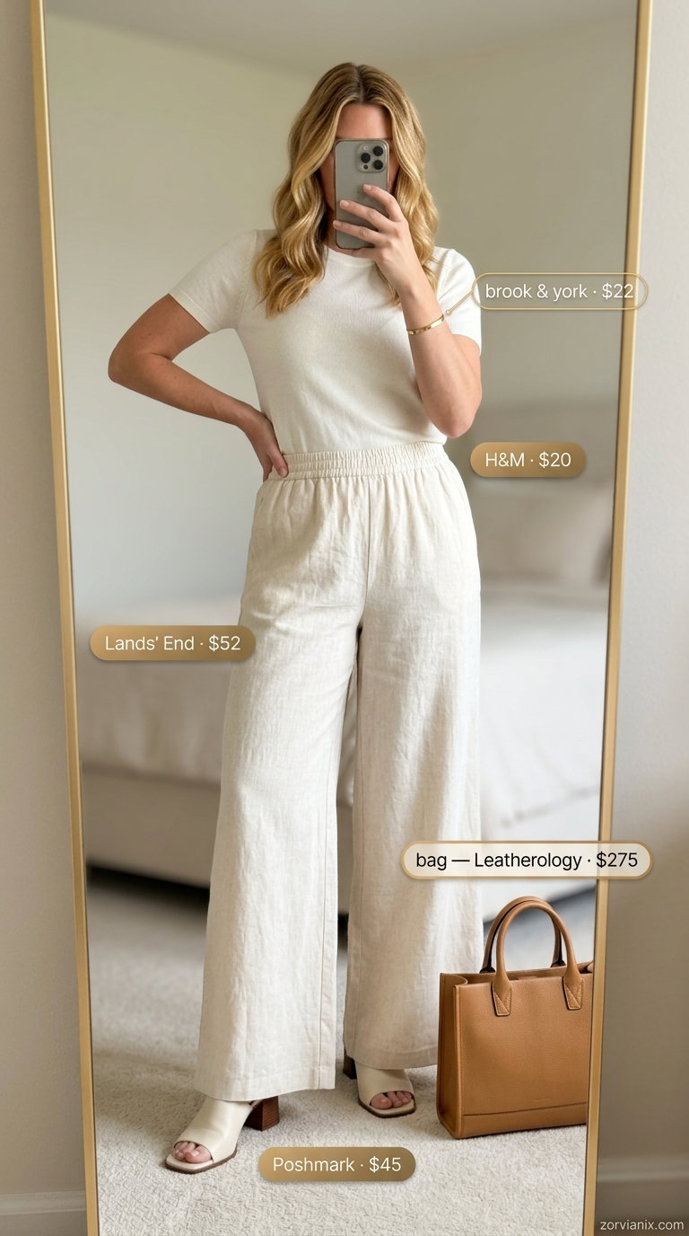 Cream high-waisted linen trousers with knit top & block heels for summer low-waist trousers for women 2026.