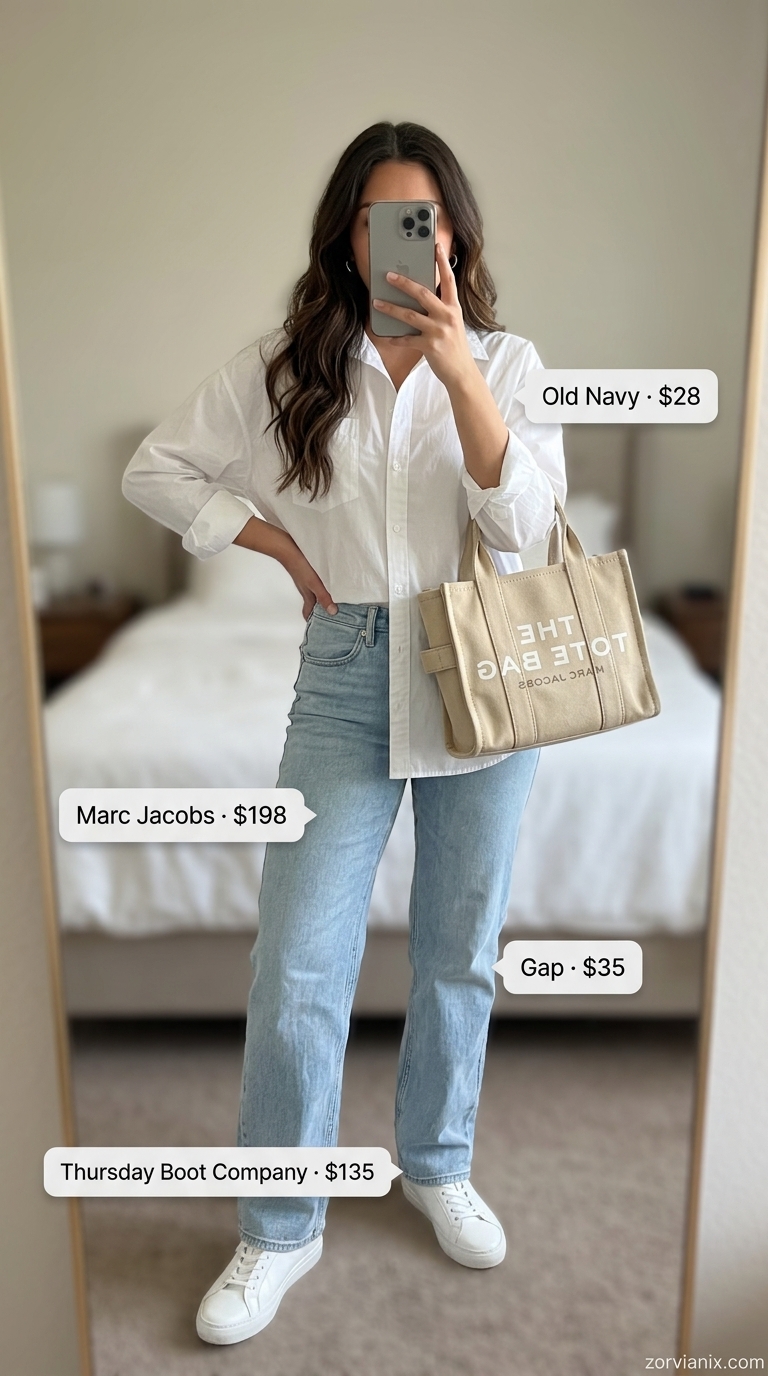 Light wash denim trousers with oversized white shirt & sneakers for summer low-waist trousers for women 2026.