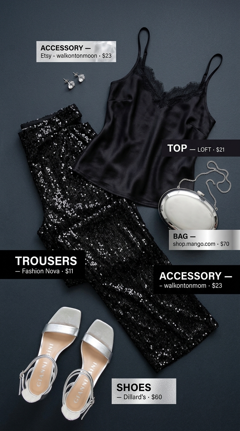 Black sequin high-waisted wide-leg trousers with silver clutch for summer low-waist trousers for women 2026 party.