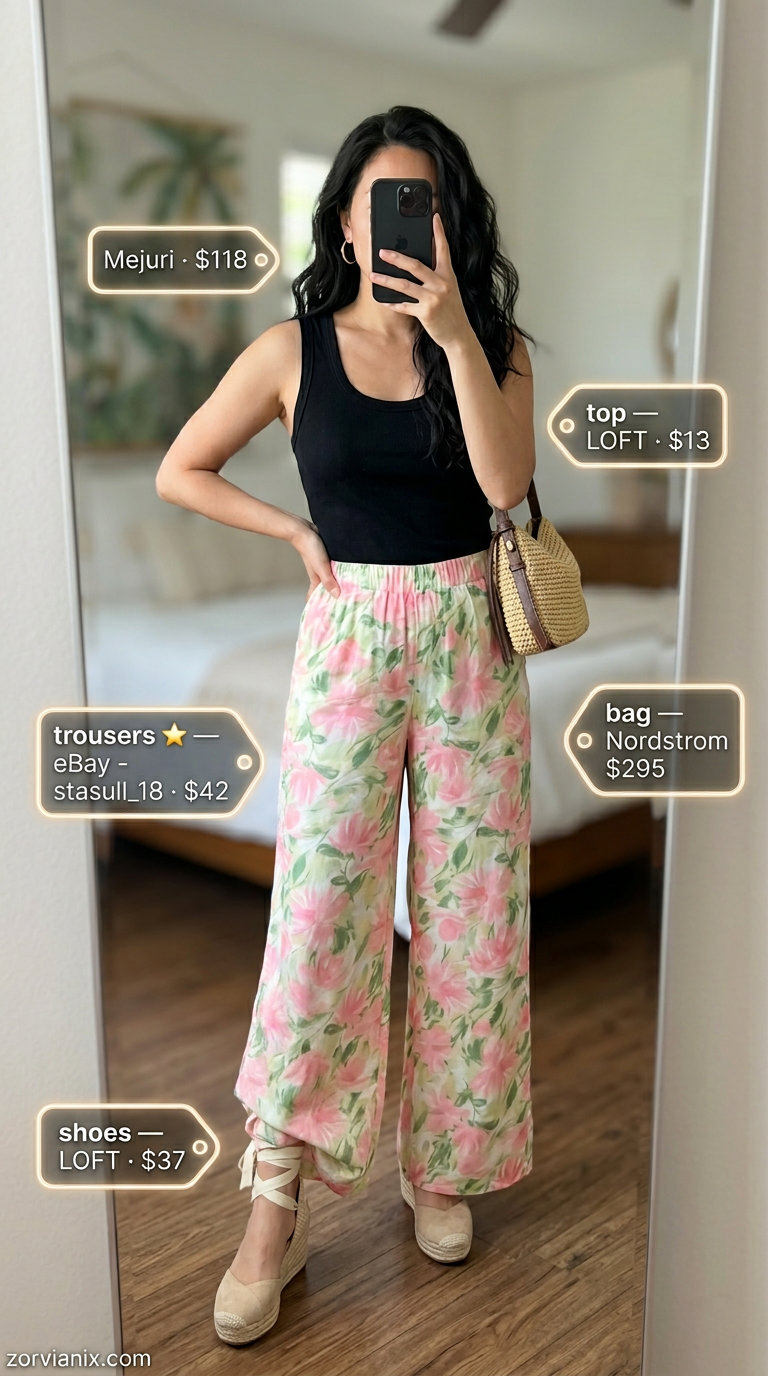 Floral wide-leg trousers with black tank & espadrilles. Summer Low-waist trousers for women 2026 vacation.