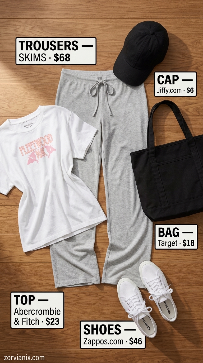 Comfortable grey knit trousers with oversized graphic tee & sneakers for summer low-waist trousers for women 2026.