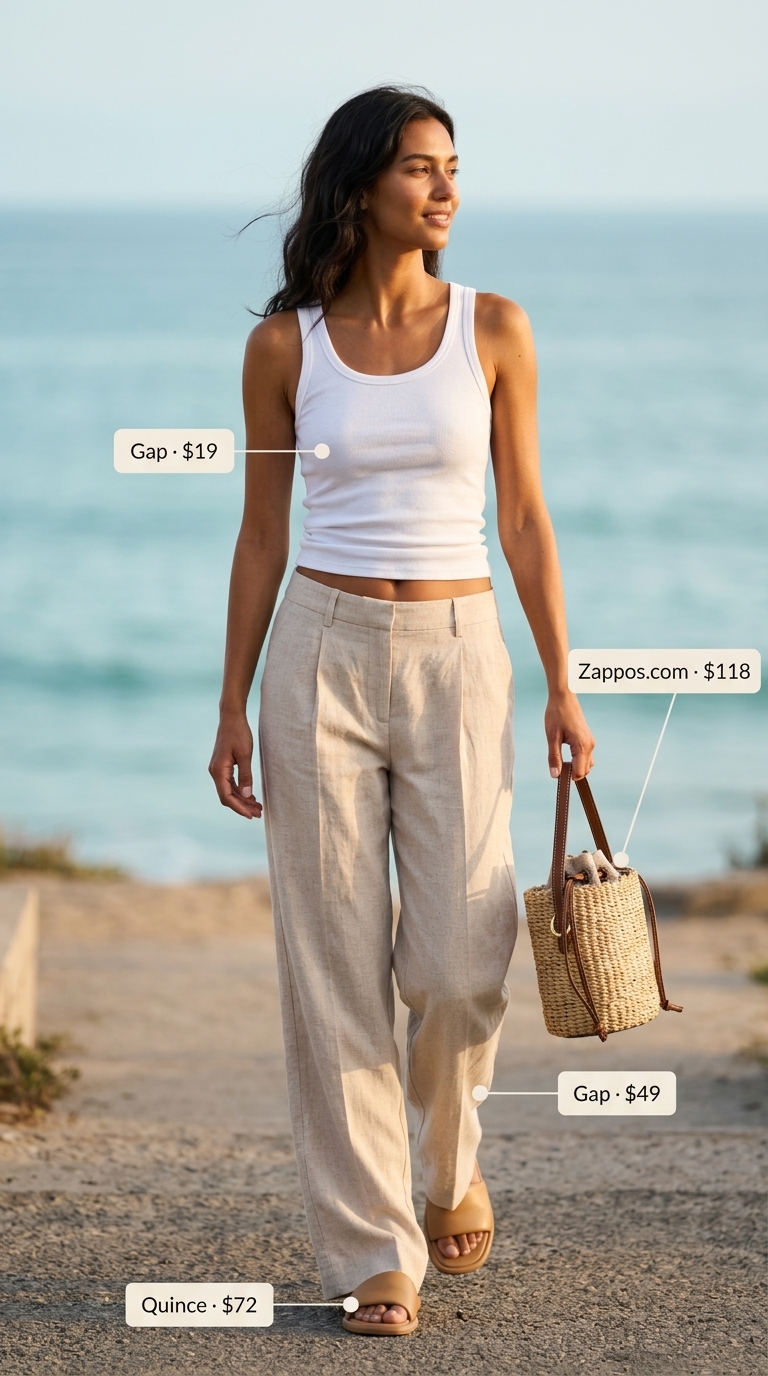 Natural linen low-rise wide-leg trousers with white ribbed tank top for summer low-waist trousers for women 2026 casual daytime.