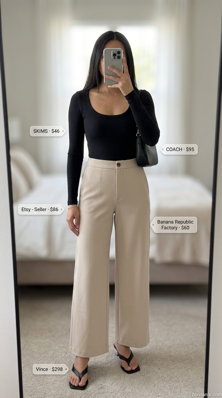 Beige fluid wide-leg trousers with black long-sleeve bodysuit for summer low-waist trousers for women 2026 minimalist chic.