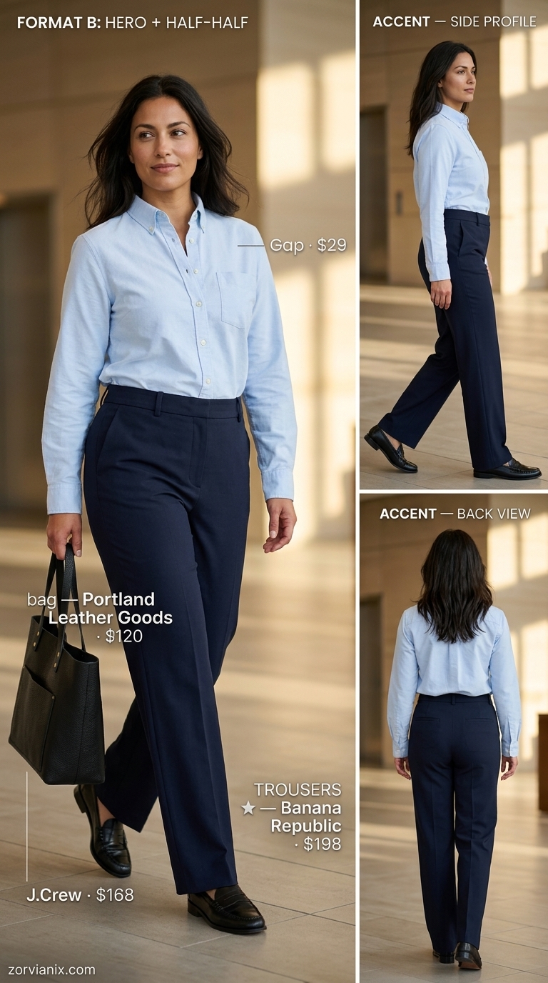 Navy blue tailored trousers with light blue shirt & loafers for summer low-waist trousers for women 2026.