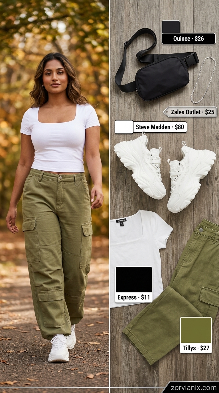 Olive green cargo trousers with black crop top & white sneakers. Summer Low-waist trousers for women 2026 casual.