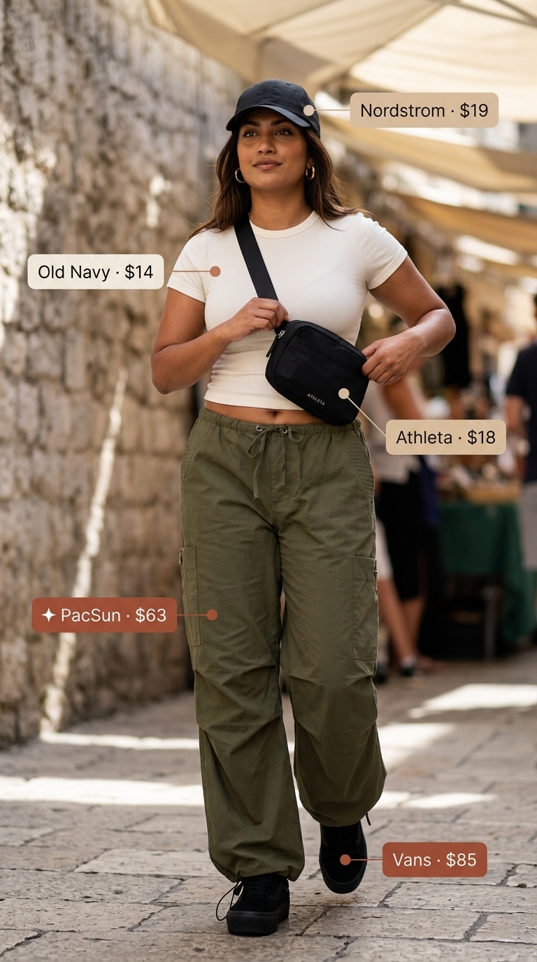 Casual olive green cargo pants with white tee & platform sneakers for summer low-waist trousers for women 2026.