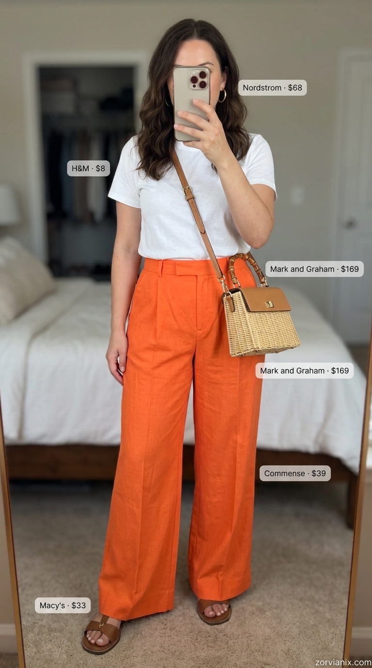 Bright orange linen trousers with white tee & tan sandals. Summer Low-waist trousers for women 2026 outfit.