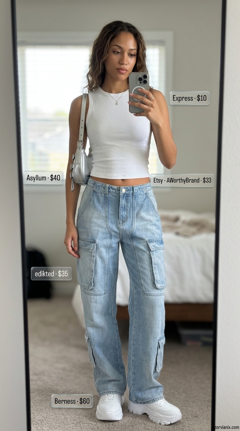 Light wash low-rise cargo pants with white tank & platform sneakers. Summer Low-waist trousers for women 2026 retro.