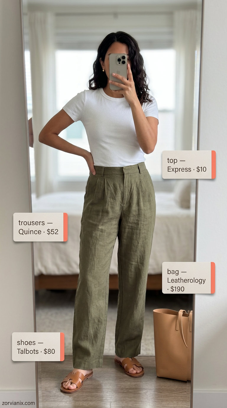 Sage green tailored linen trousers with white knit top & leather slides for summer low-waist trousers for women 2026.