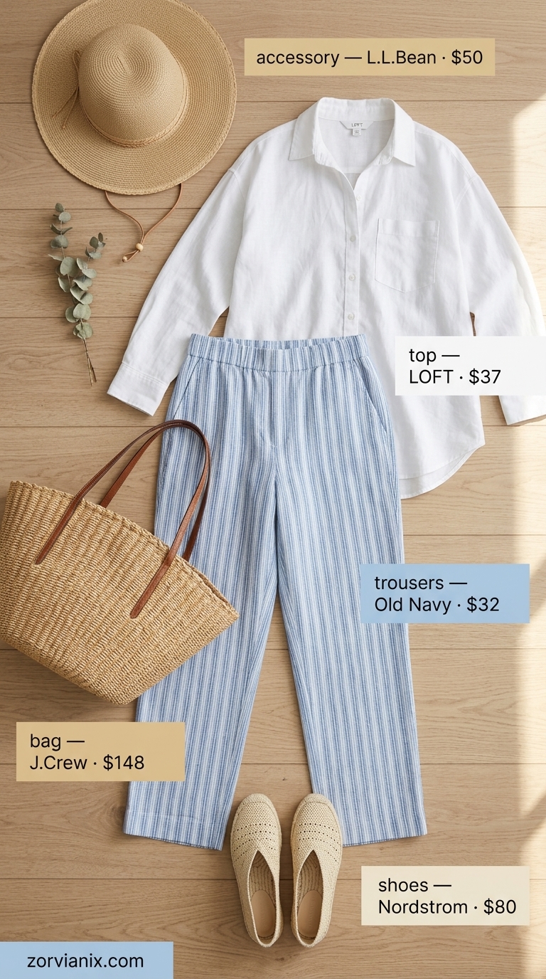 Sky blue linen trousers with white linen shirt & straw hat. Summer Low-waist trousers for women 2026 resort.