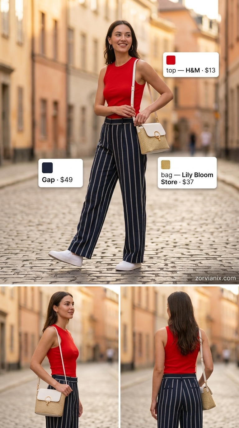 Navy and white striped linen trousers with red tank top for summer low-waist trousers for women 2026 casual outing.