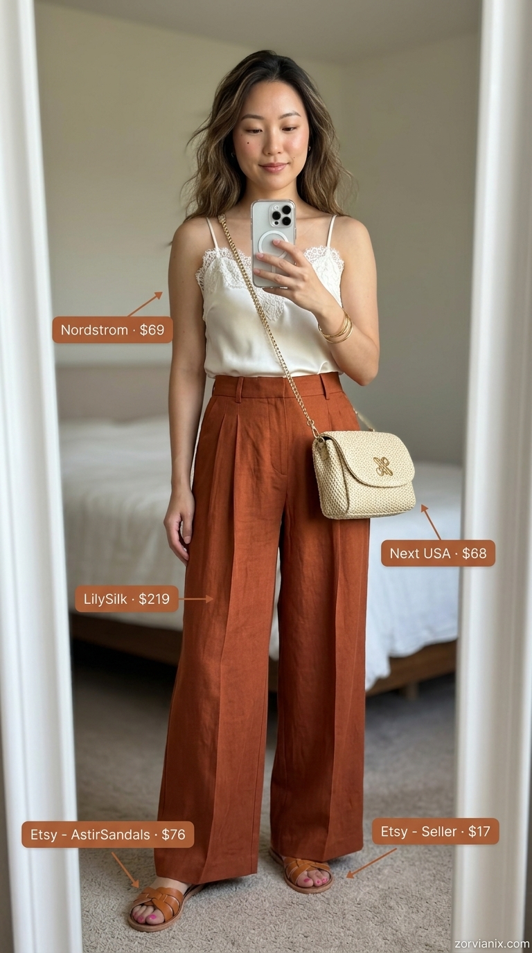 Terracotta linen trousers with ivory cami & raffia bag. Summer Low-waist trousers for women 2026 boho look.