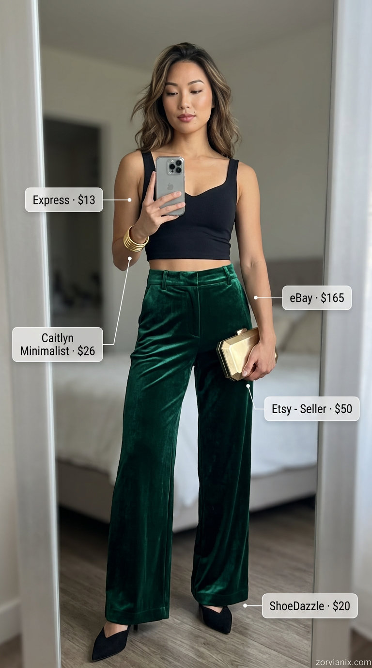 Emerald green wide-leg trousers with black crop top for summer low-waist trousers for women 2026 evening out.