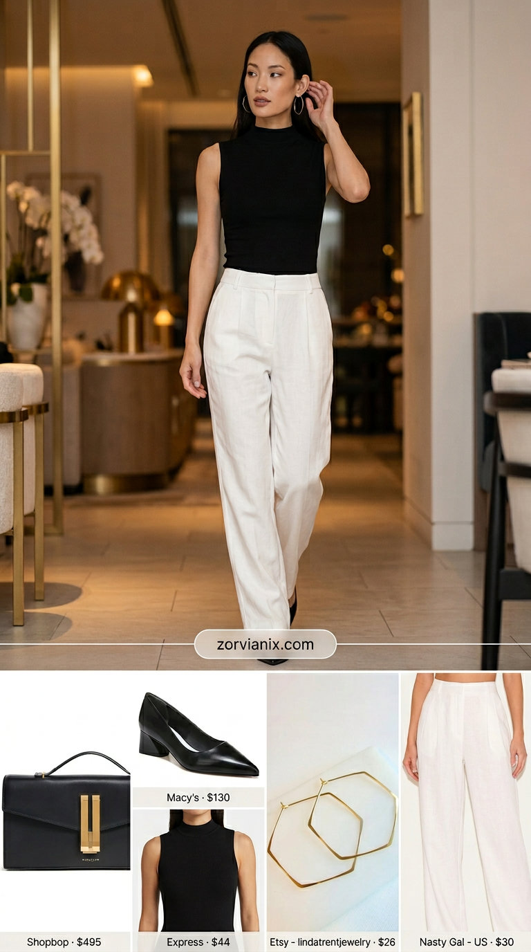 White linen trousers with black top & heels. Summer Low-waist trousers for women 2026 elegant evening.