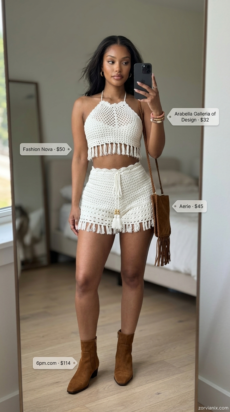 Boho Chic Matching Set Outfits 2026 Boho chic crochet matching set in cream and earth tones for summer festivals 2026. Free-spirited style.