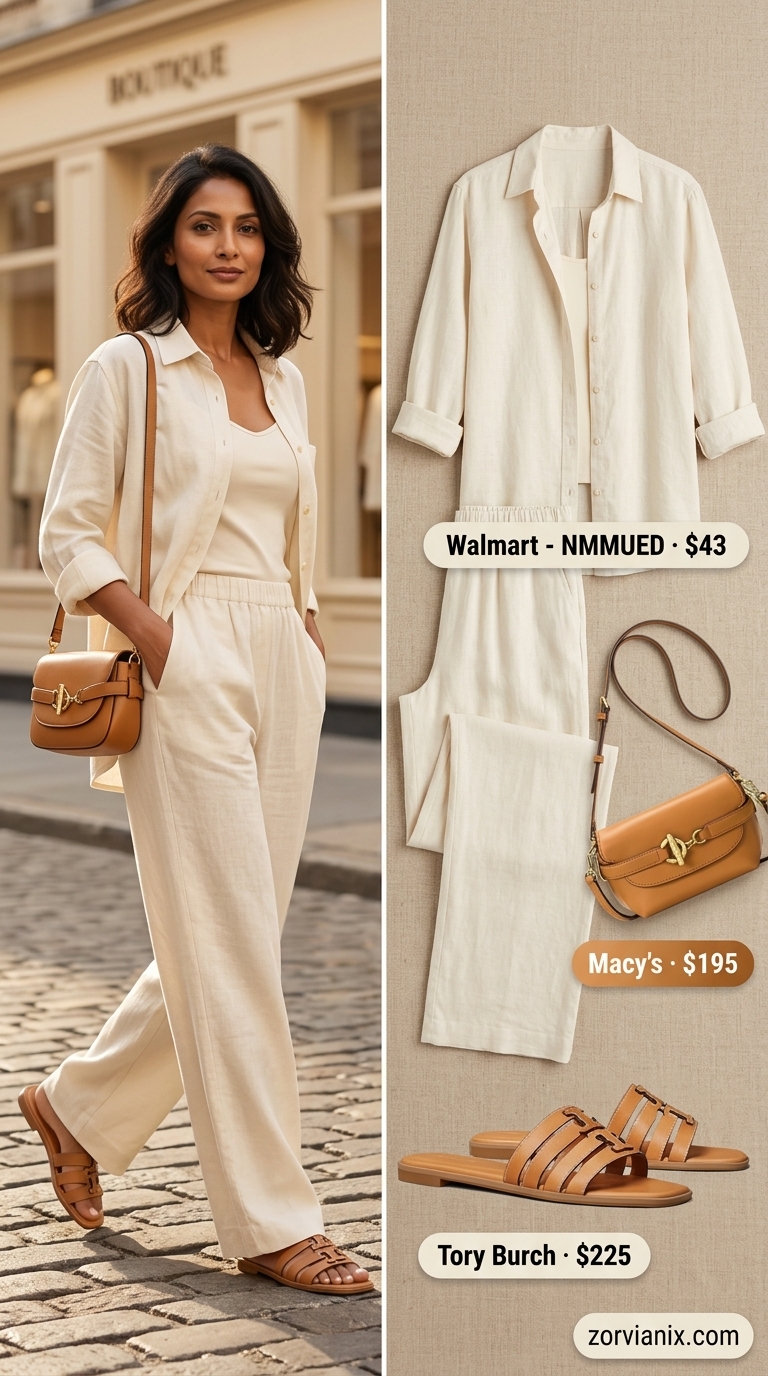 Chic Linen Coordinates: Summer Matching Set Outfits for Women 2026 Cream linen matching set for women 2026, elegant casual chic travel outfit. Oversized shirt and wide-leg trousers.