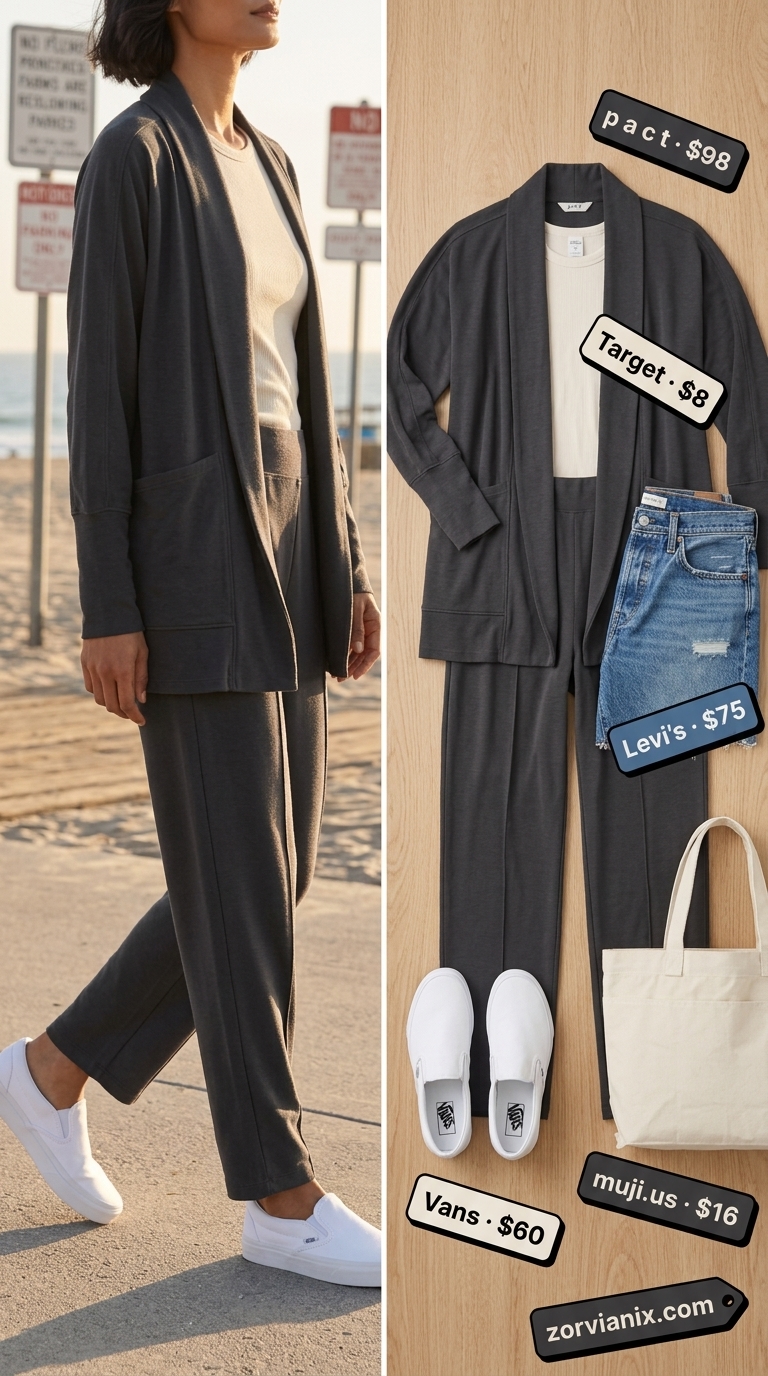 Relaxed Fit Denim Shorts: Summer Matching Set Outfits for Women 2026 Denim shorts and oversized linen shirt outfit for women 2026, casual beach trip style. Laid-back and classic.