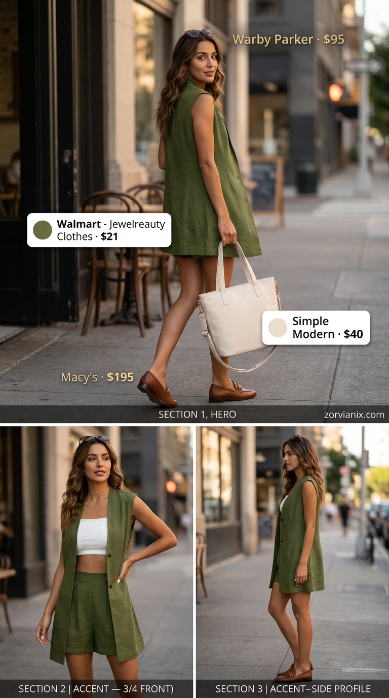 Elevated Linen Set: Summer Matching Set Outfits for Women 2026 Olive green linen matching set for women 2026, polished summer business casual. Chic and comfortable Bermuda shorts.