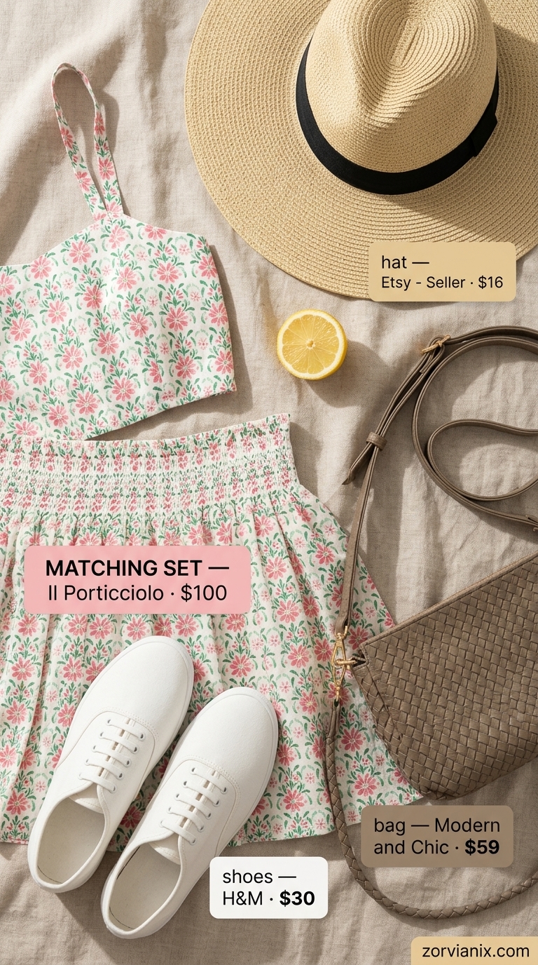 Playful Picnic Perfect: Summer Matching Set Outfits for Women 2026 Floral print matching set for women 2026, playful picnic outfit. Sweet and feminine midi skirt and crop top.