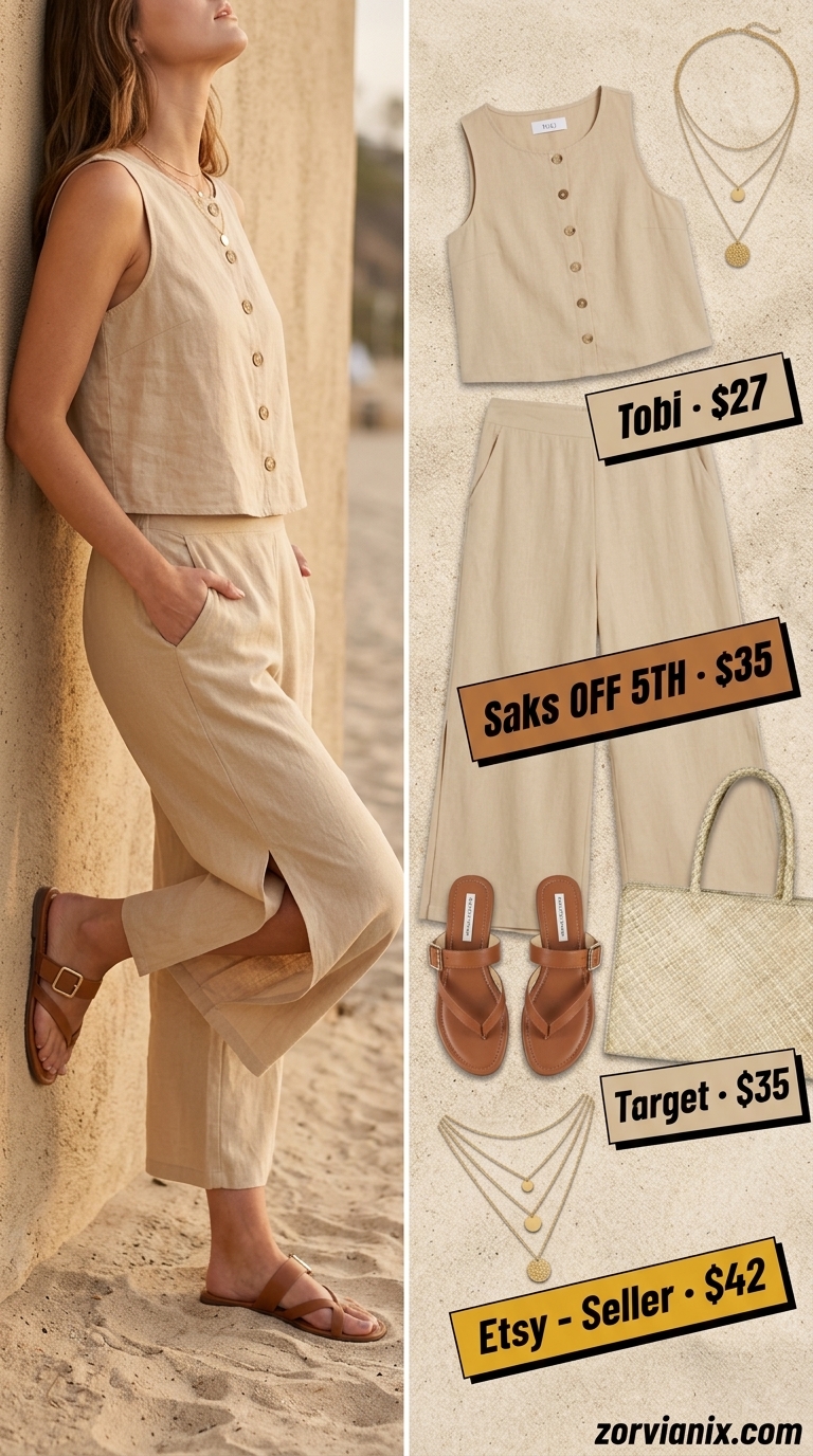 Coastal Breeze Matching Set Outfits 2026 Relaxed sand beige linen matching set for beach days and summer errands 2026. Effortless coastal style.
